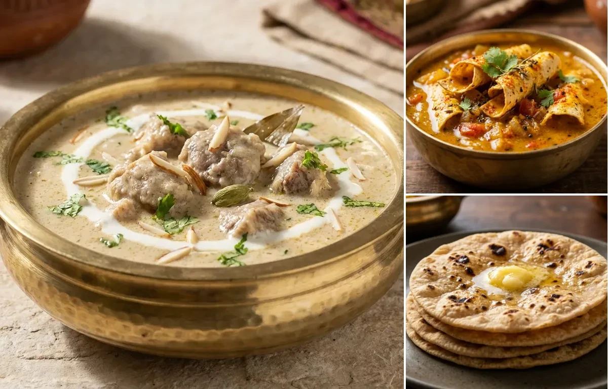 Safed Maas with Papad ki Sabzi and Wheat Roti