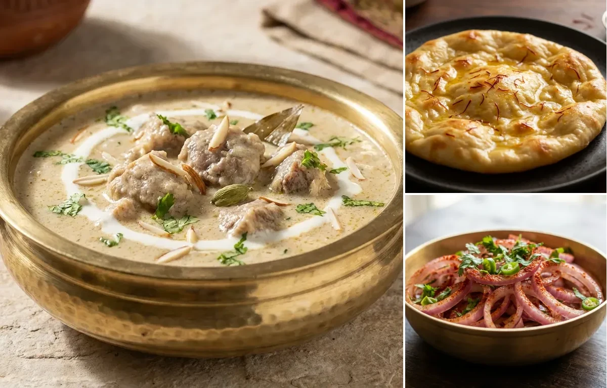Safed Maas with Saffron Sheermal and Onion Salad