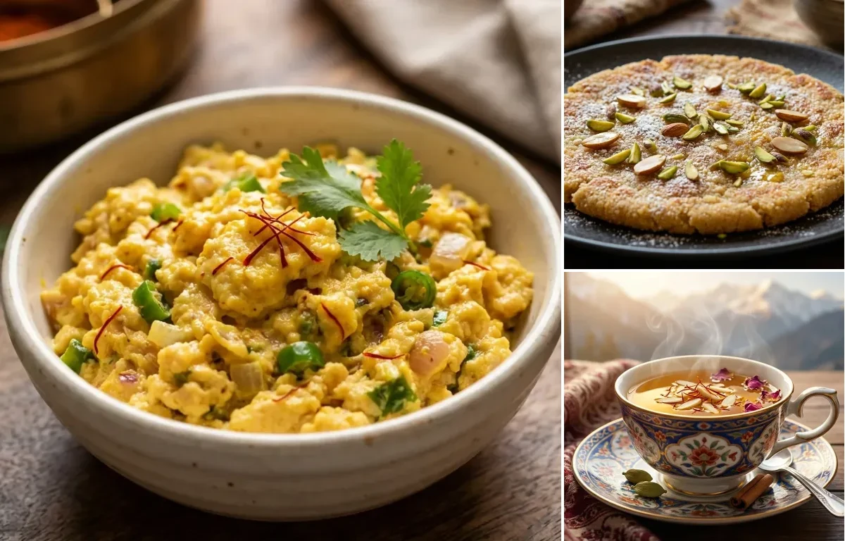 Saffron Turmeric Scrambled Eggs with Suji Roth and Kehwa