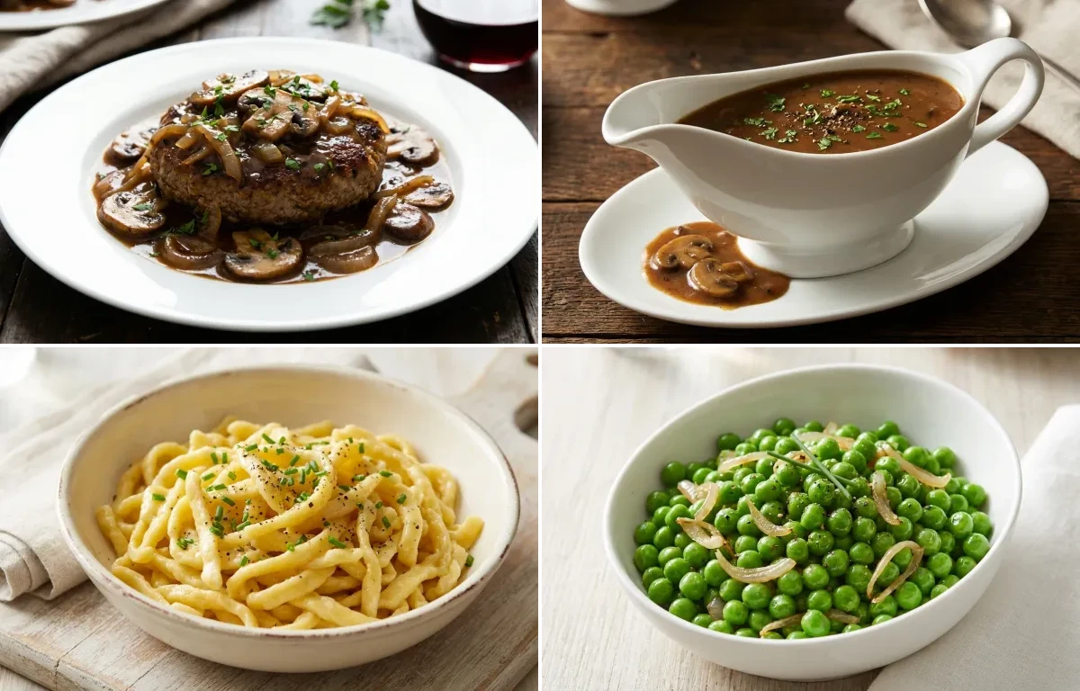 Salisbury Steak with Mushroom Gravy, Egg Noodles and Buttered Peas