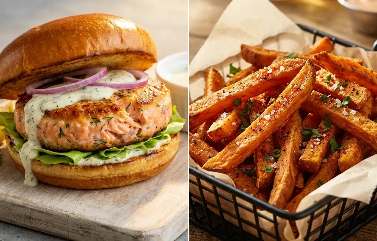 Salmon Burger with Sweet Potato Fries