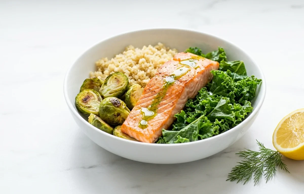 Salmon Power Bowl with Quinoa Brussels Sprouts and Tahini