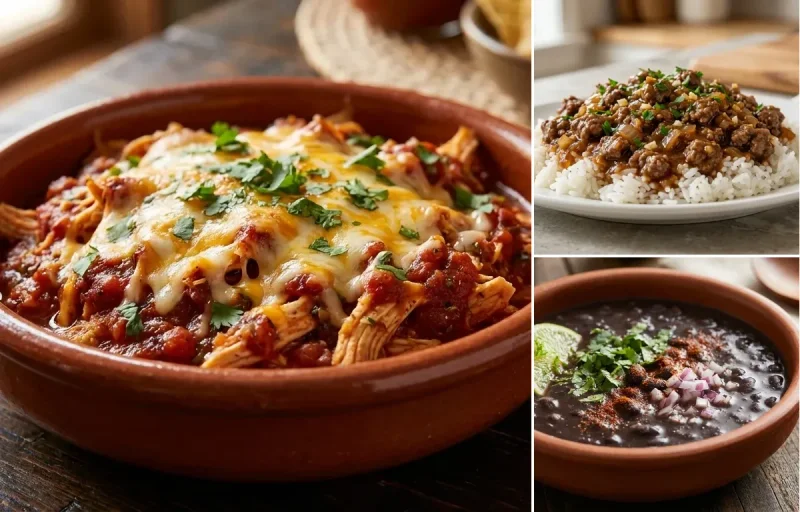 Salsa Chicken with Ground Beef over Rice and Black Bean Soup
