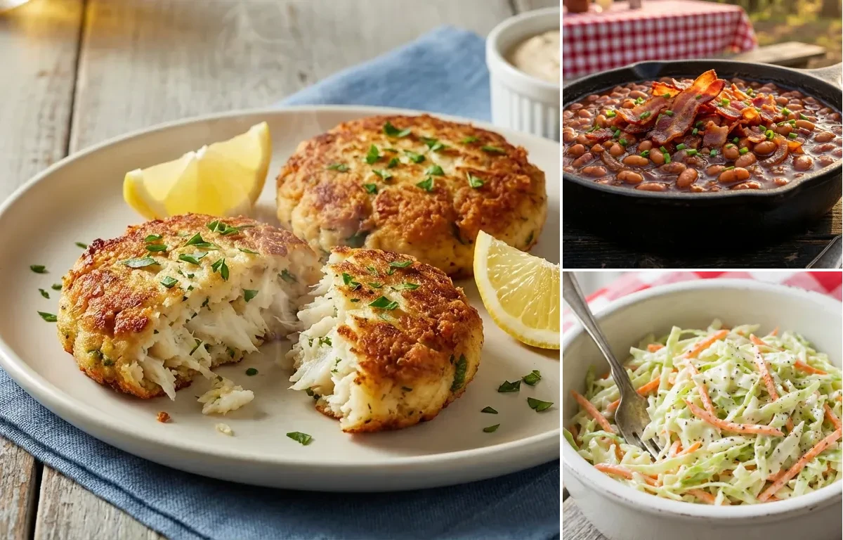 Salt Cod Cakes with Baked Beans and Coleslaw