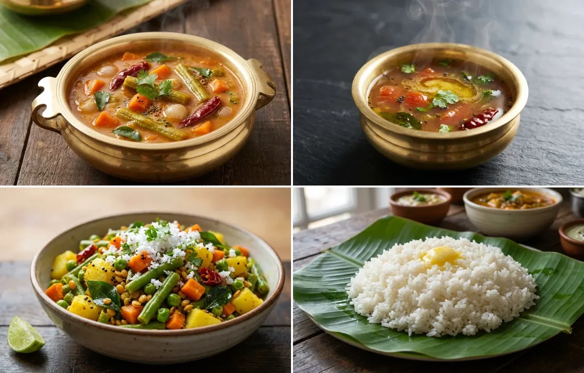 Sambar with Rasam, Vegetable Palya, Steamed Rice and Curd
