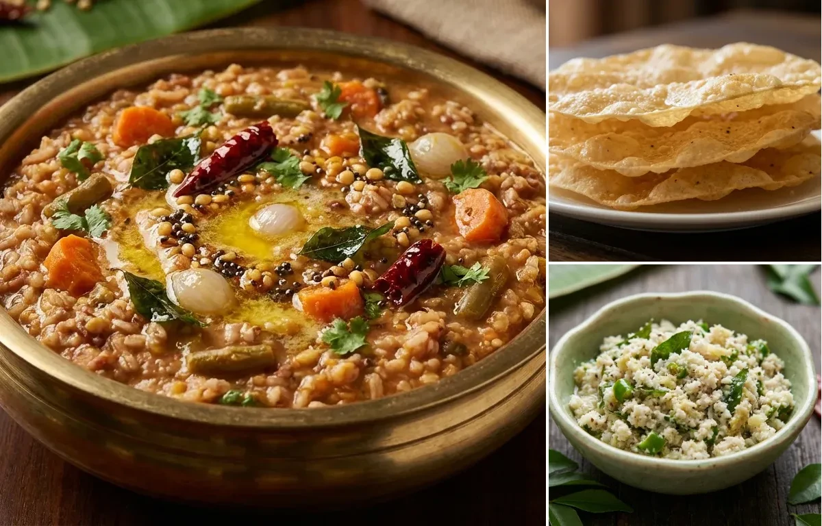 Sambar Sadam with Pappadam and Kerala Coconut Chammanthi