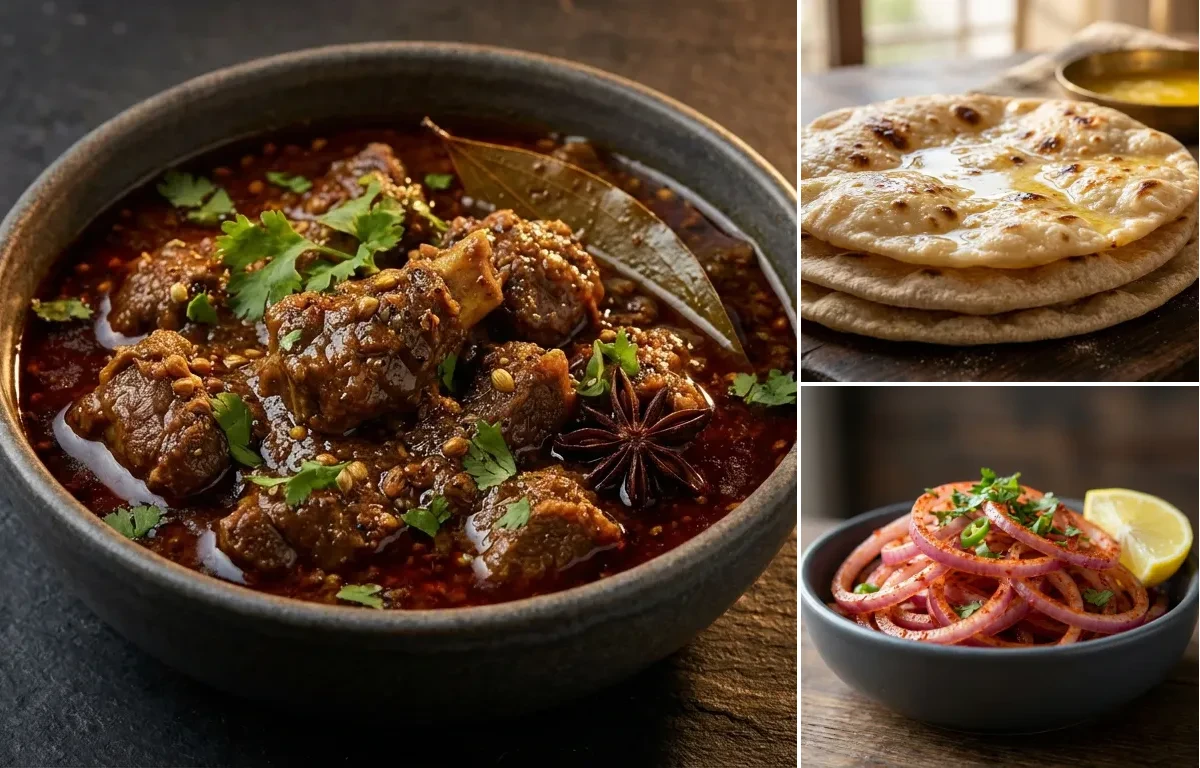 Saoji Mutton Curry with Chapati and Lachha Pyaaz