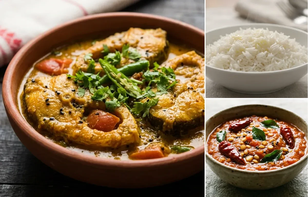 Sarso Machli with Steamed Basmati Rice and Tomato Chutney