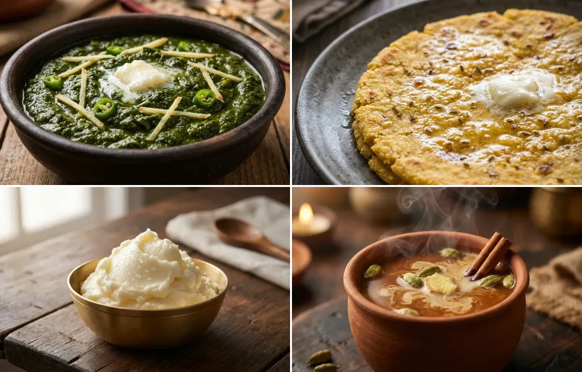 Sarson Ka Saag with Makki di Roti, White Butter and Gur ki Chai