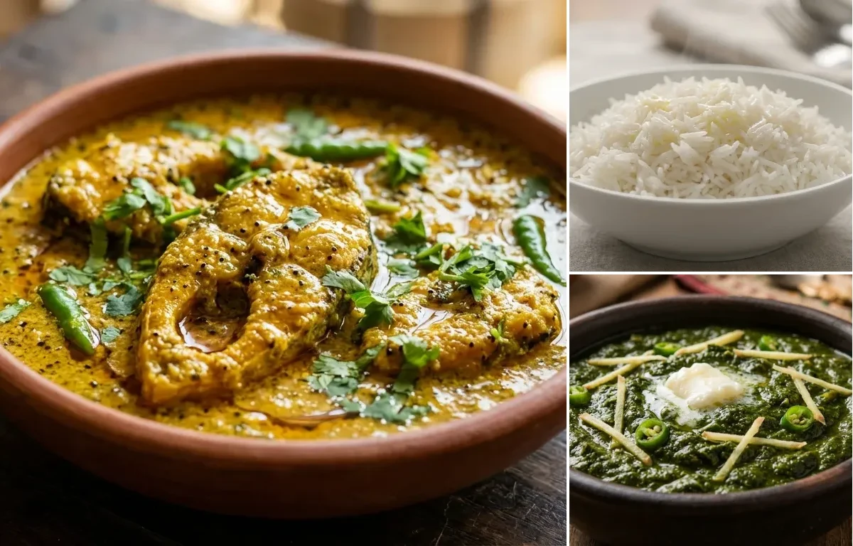 Sarson Machli with Steamed Basmati Rice and Sarson Ka Saag