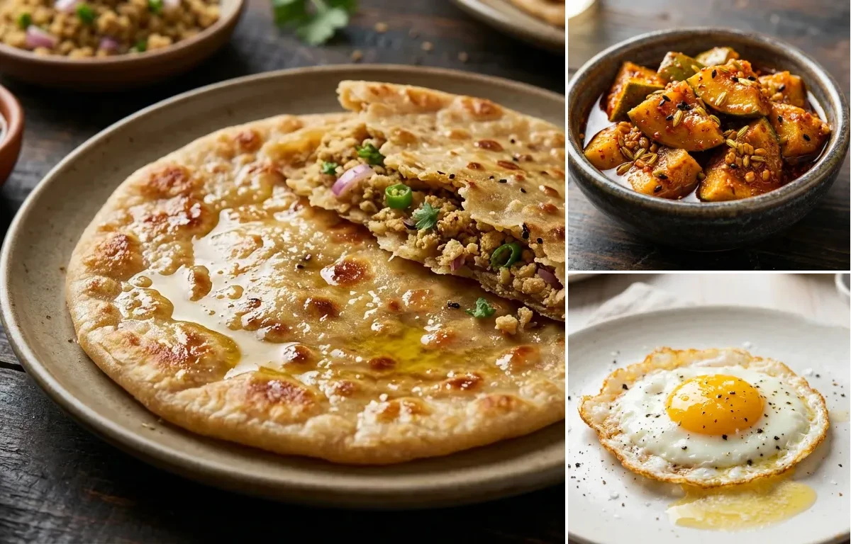 Sattu Paratha with Aam ka Achar and Sunny Side Up