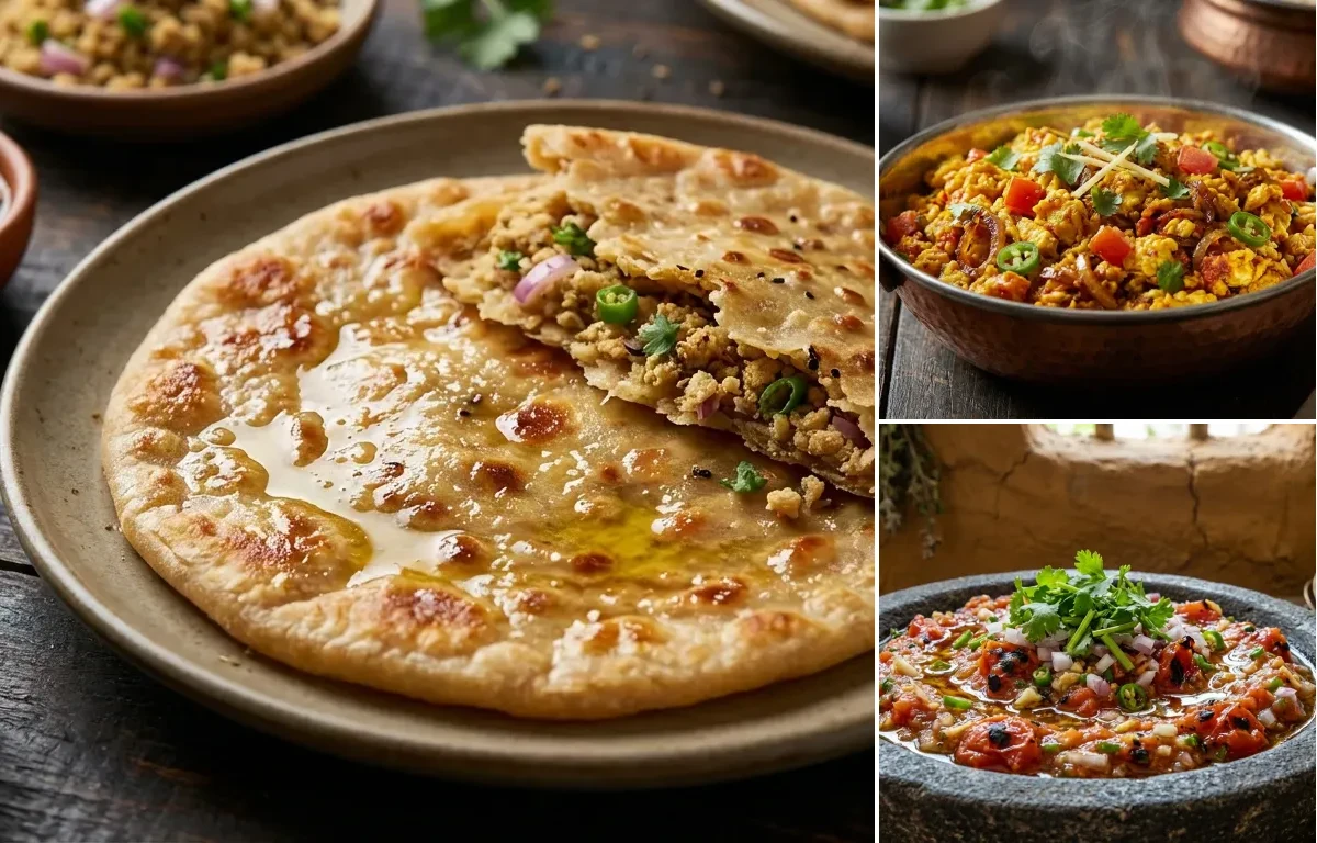Sattu Paratha with Anda Bhurji and Tamatar Chokha
