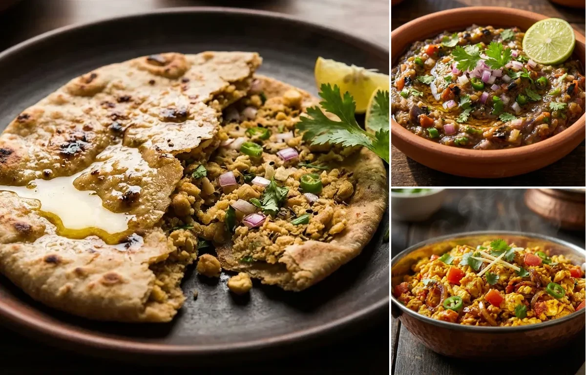 Sattu Roti with Baingan Chokha and Anda Bhurji