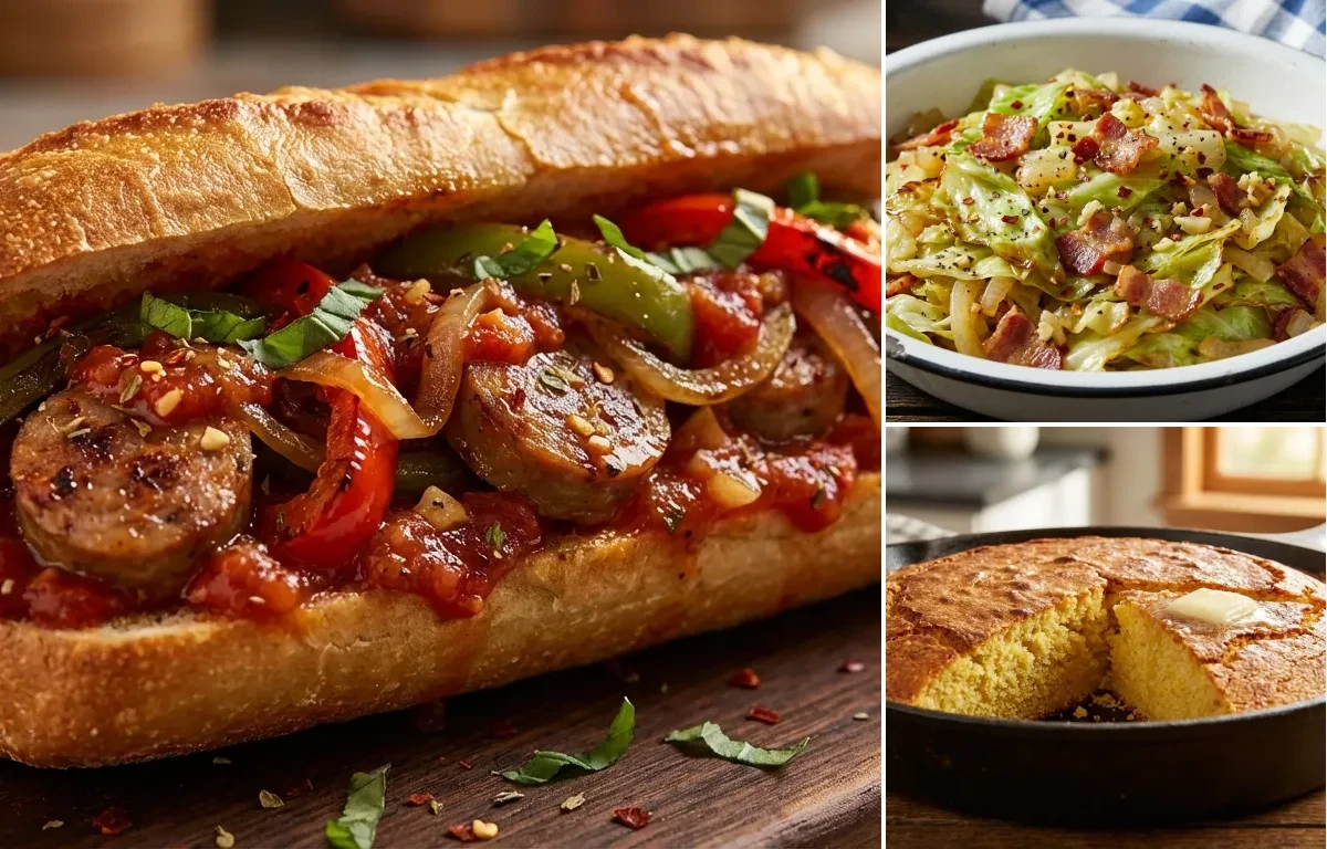 Sausage and Peppers with Sautéed Cabbage with Bacon and Cornbread