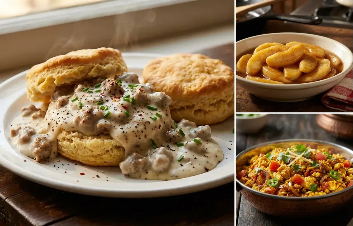 Sausage Gravy and Biscuits with Fried Apples and Anda Bhurji