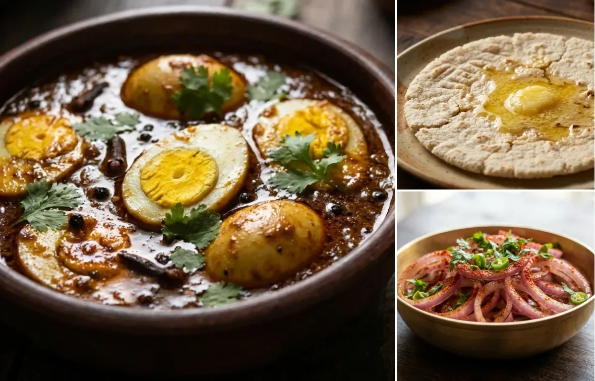 Savji Egg Curry with Jowar Bhakri and Onion Salad