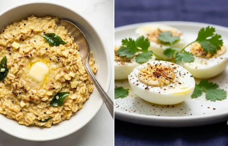 Savory Oats Khichdi with Boiled Egg Whites with Green Tea