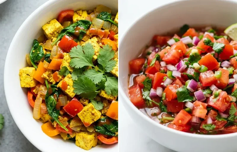 Savory Tofu Scramble, Black Beans and Sautéed Onions and Fresh Tomato Salsa
