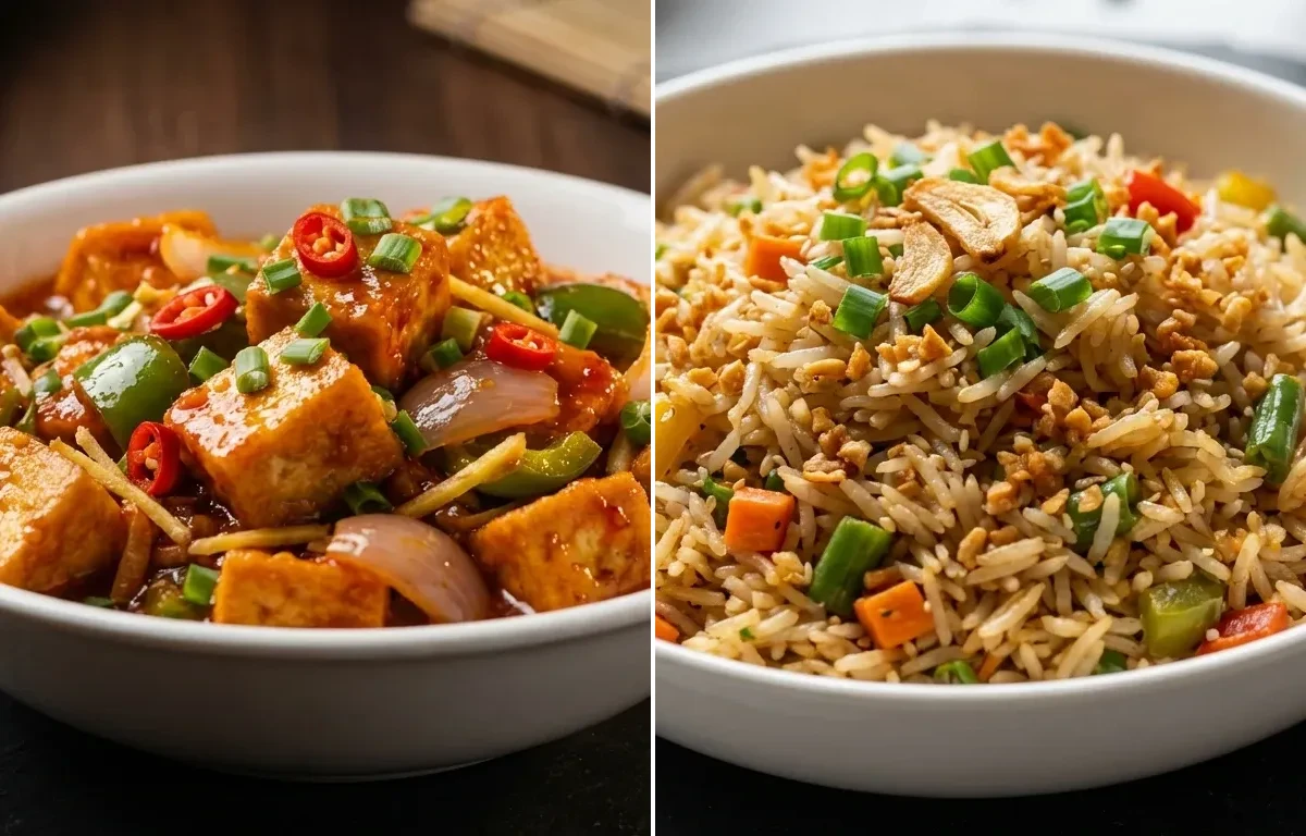 Schezwan Tofu Gravy with Burnt Garlic Fried Rice