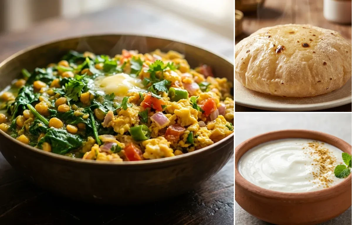 Scrambled Egg with Sai Bhaji with Phulka and Dahi