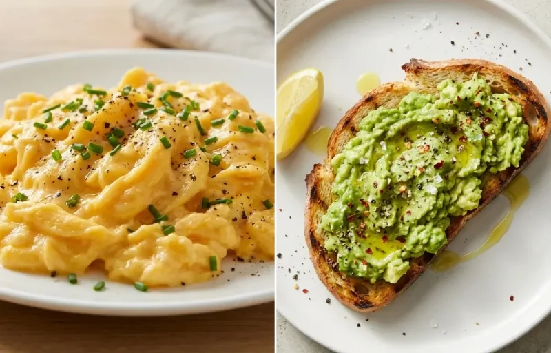 Scrambled Eggs with Avocado Toast and Orange