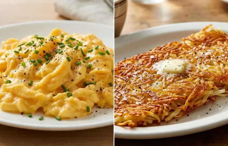 Scrambled Eggs with Hash Browns and Fresh Pear