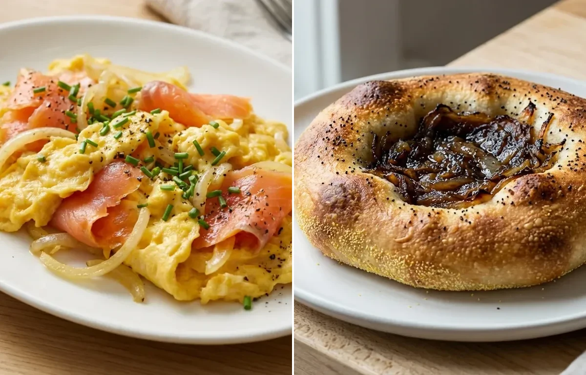 Scrambled Eggs with Lox and Onions with Bialys with Onion Filling