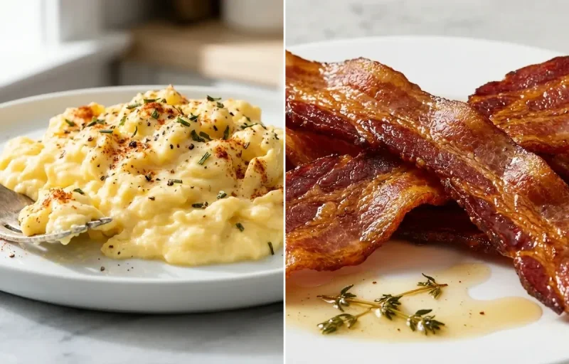 Scrambled Eggs with Pan Fried Bacon with Salmon Bagel with Cream Cheese