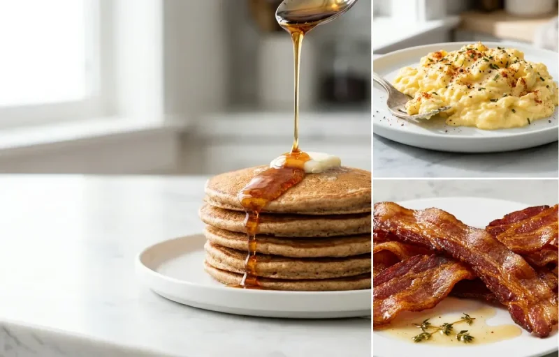 Scrambled Eggs with Pan Fried Bacon with Whole Wheat Pancakes with Berries