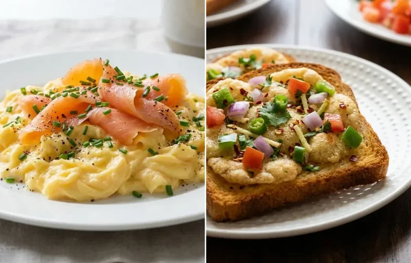 Scrambled Eggs with Smoked Salmon and Chives with Suji Toast