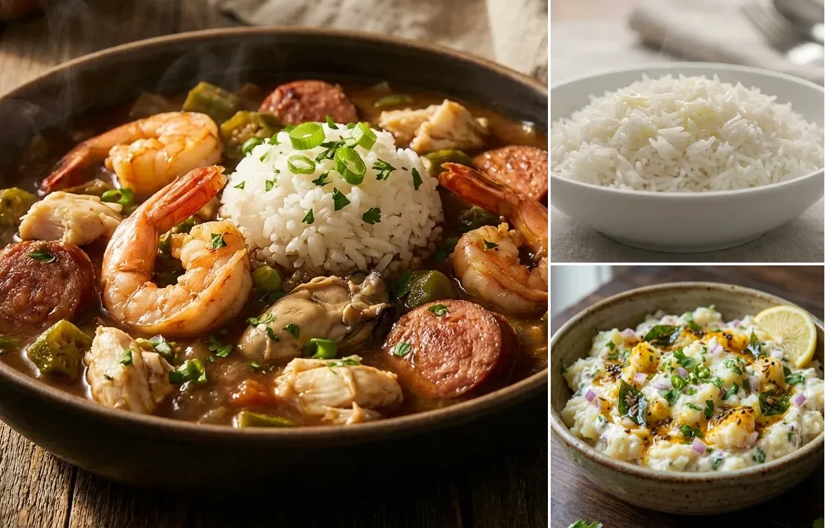Seafood Gumbo with Steamed Basmati Rice and Potato Salad