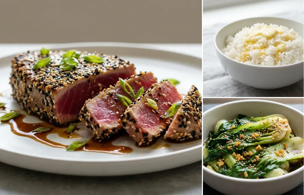Seared Ahi Tuna with Sesame Crust with Jasmine Rice and Garlic Ginger Sautéed Bok Choy