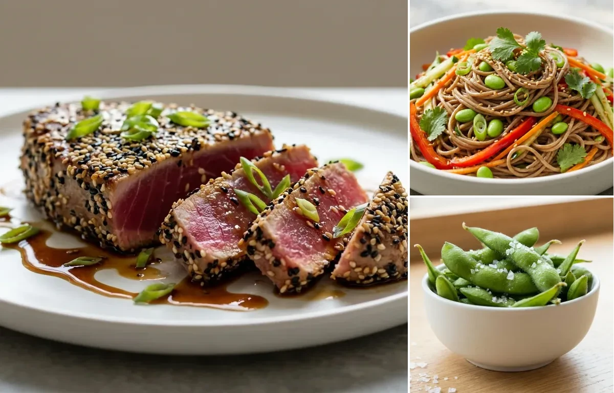 Seared Ahi Tuna with Sesame Crust with Soba Noodle Salad and Steamed Edamame With Sea Salt
