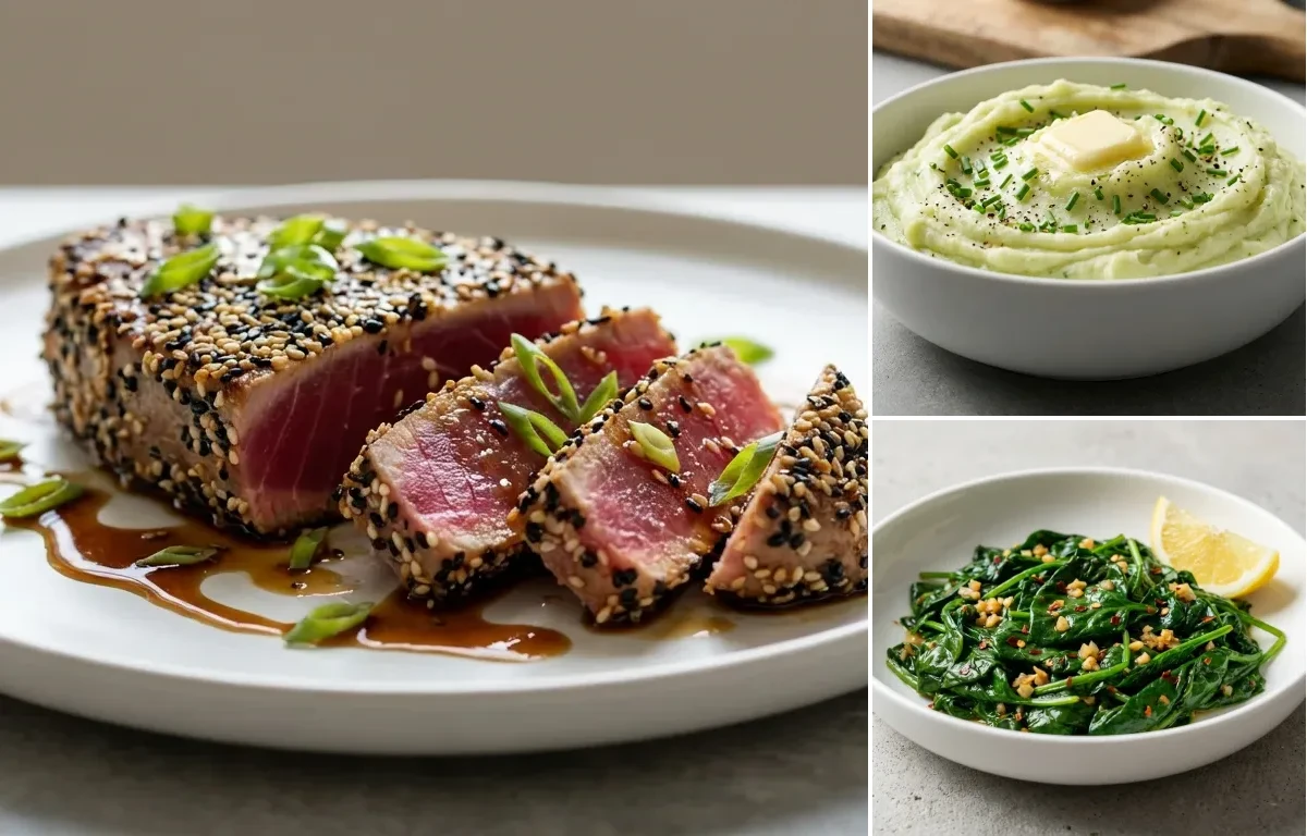 Seared Ahi Tuna with Sesame Crust with Wasabi Mashed Potatoes and Sauteed Spinach with Garlic