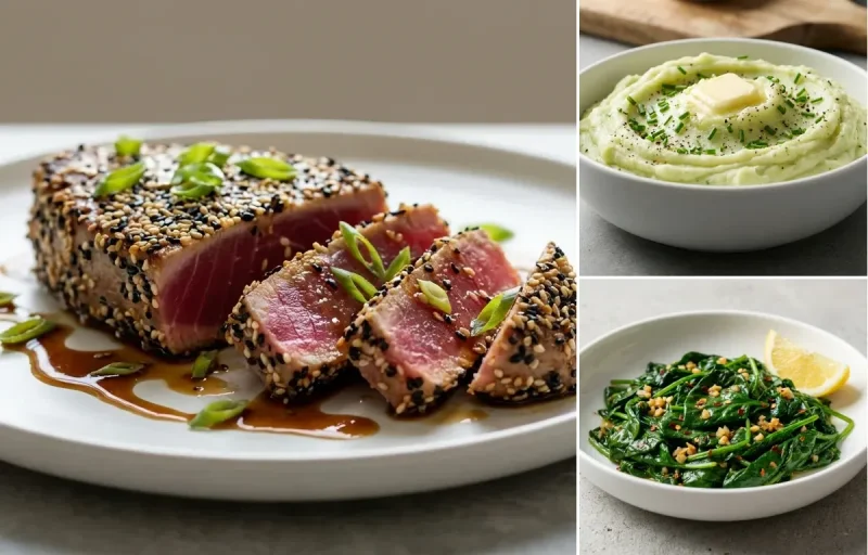 Seared Ahi Tuna with Sesame Crust with Wasabi Mashed Potatoes and Sauteed Spinach with Garlic