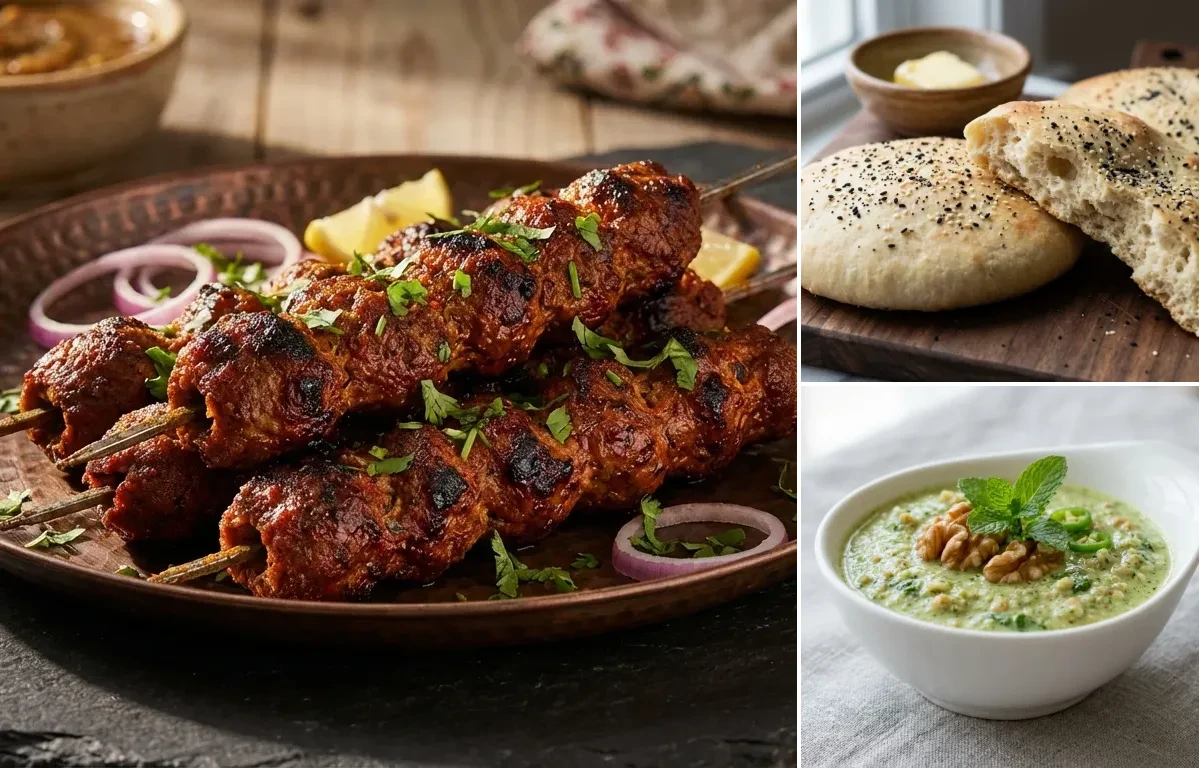Seekh Tujji with Lavasa Bread and Walnut Chutney