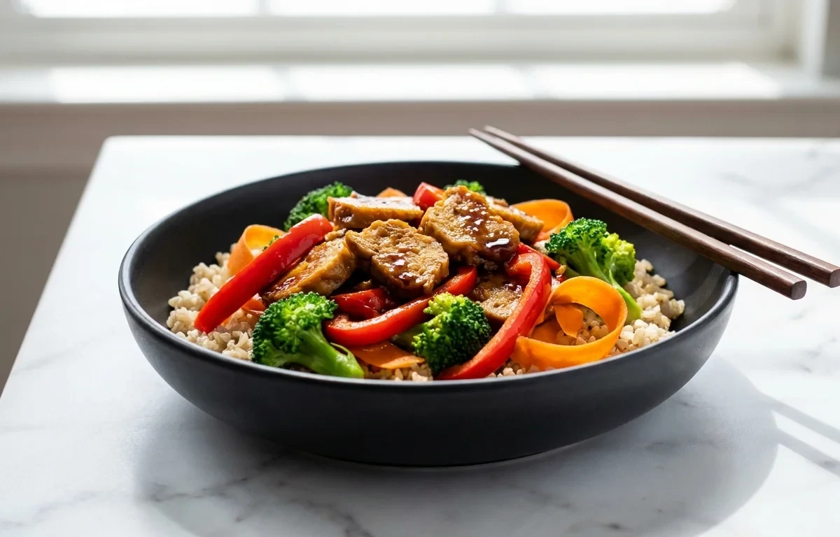 Seitan Stir Fry with Vegetables over Steamed White Rice