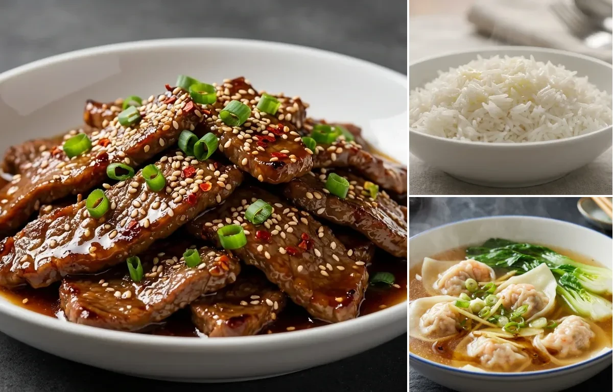 Sesame Beef with Steamed Basmati Rice and Wonton Soup