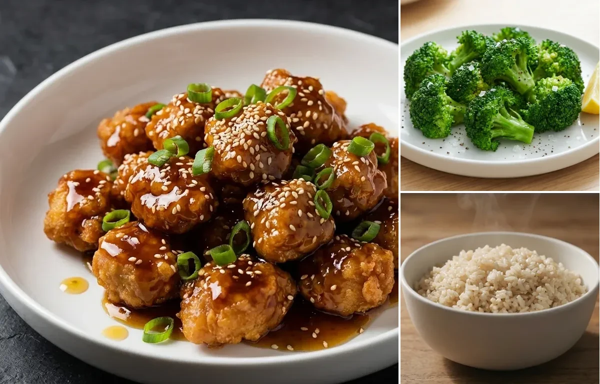 Sesame Chicken with Steamed Broccoli and Brown Rice