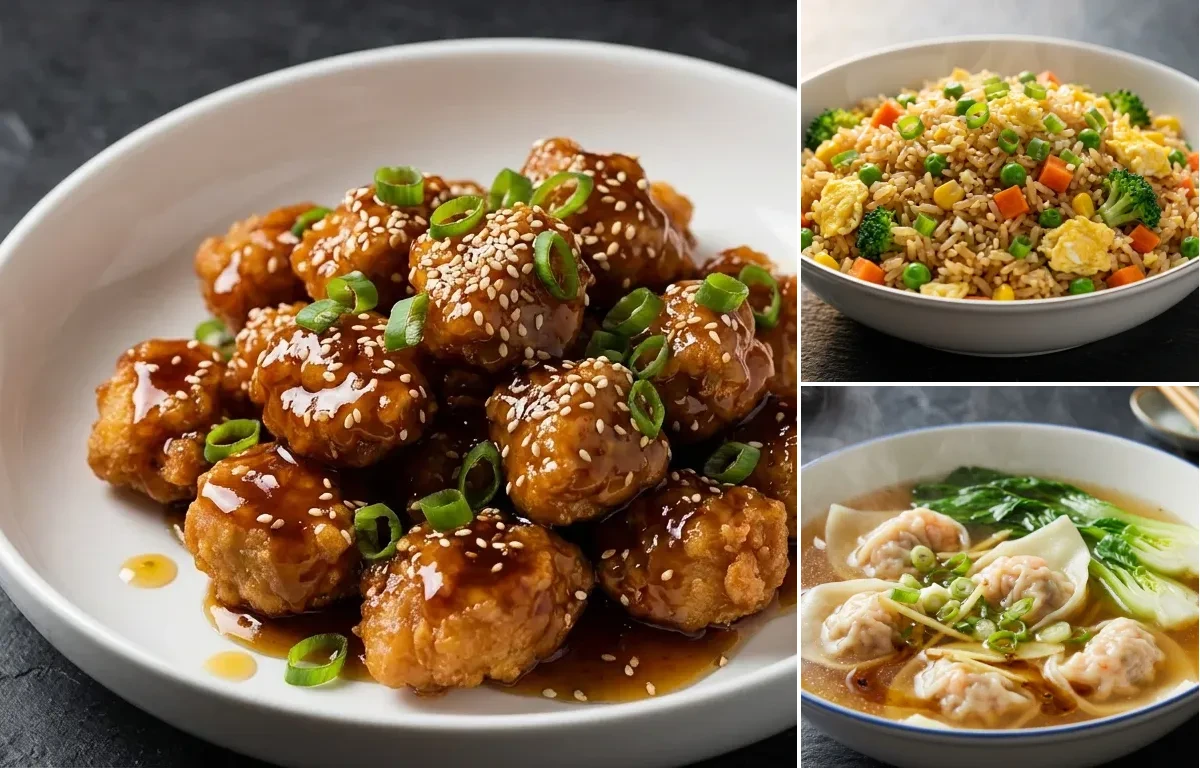Sesame Chicken with Vegetable Fried Rice and Wonton Soup