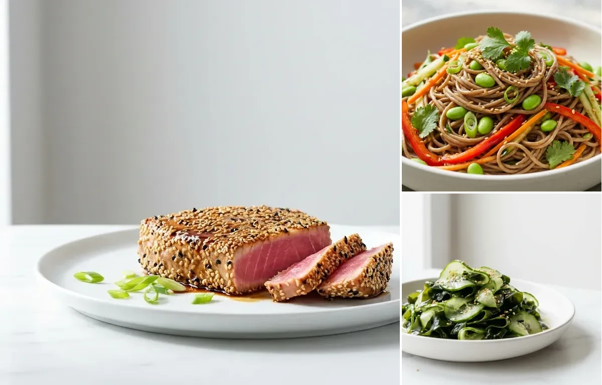 Sesame Crusted Tuna Steak with Wakame Cucumber Slaw