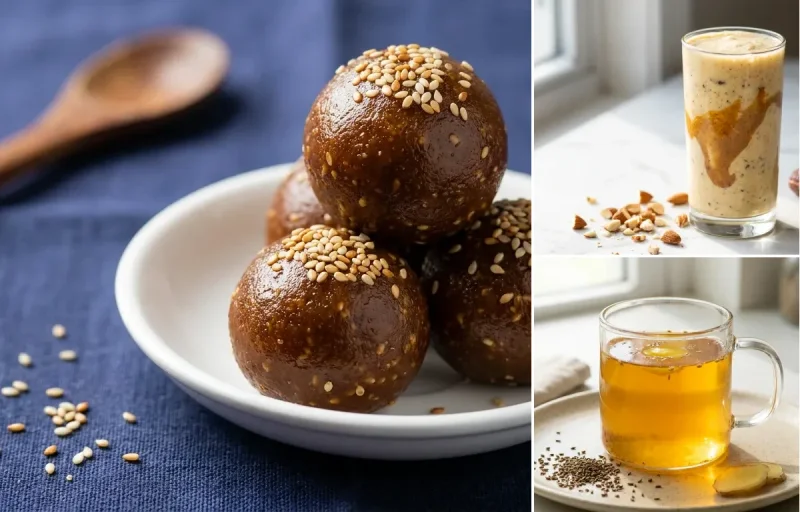 Sesame Jaggery Ladoo with Banana Almond Smoothie with Ajwain Water