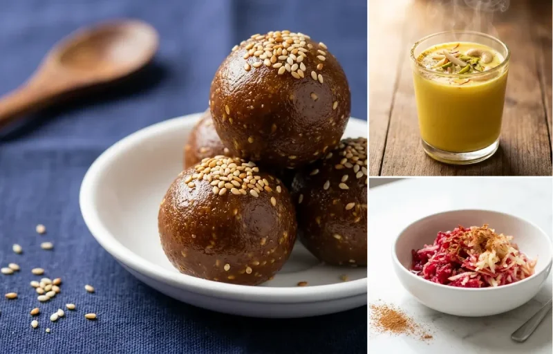 Sesame Jaggery Ladoo with Masala Doodh with Grated Apple