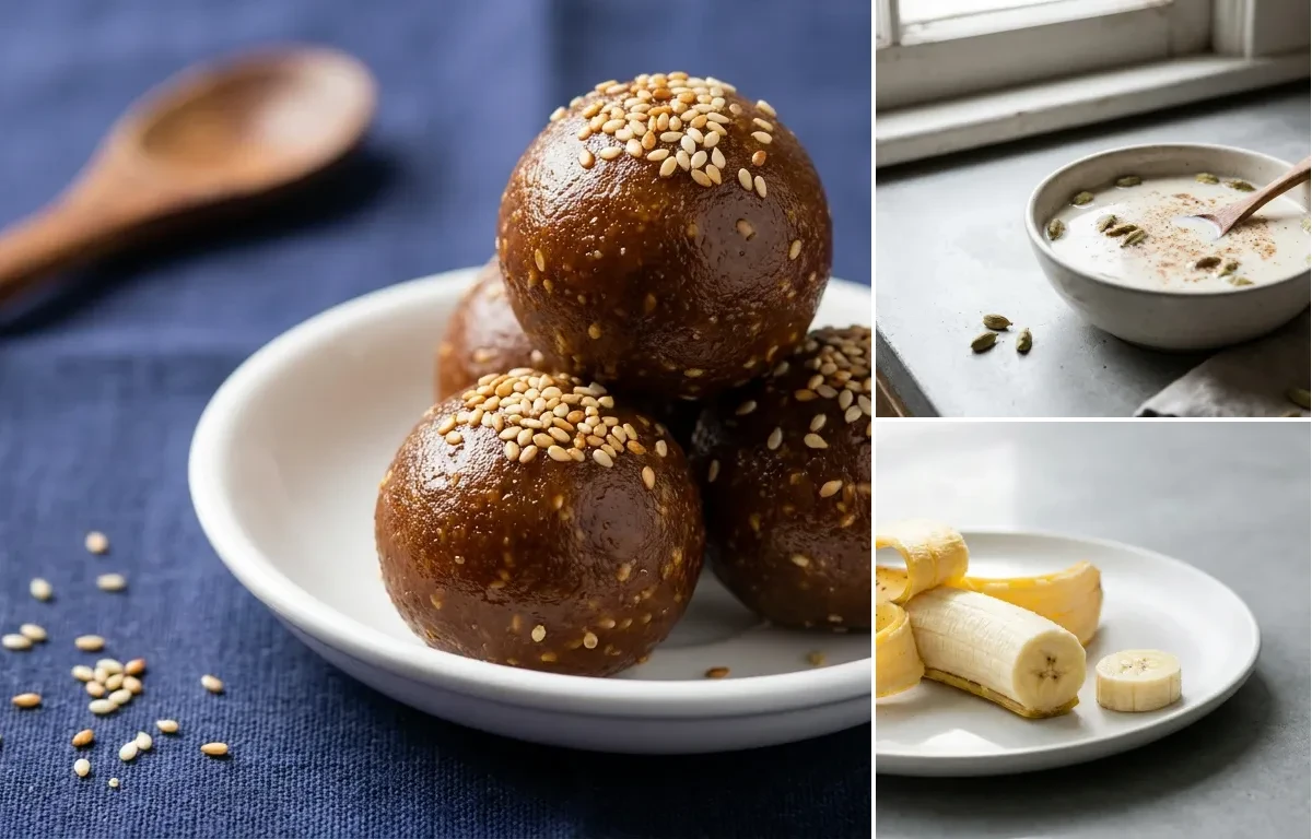 Sesame Jaggery Ladoo with Milk With Cardamom with Banana