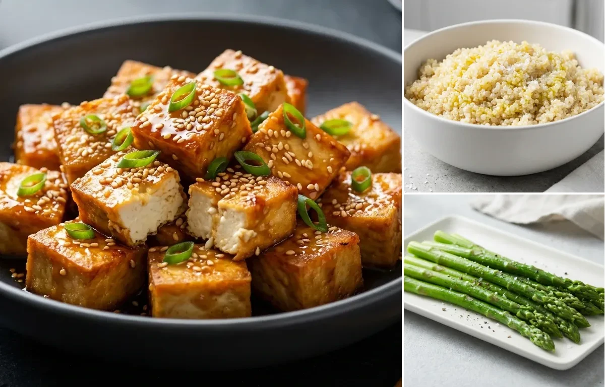 Sesame Tofu with Quinoa and Steamed Asparagus