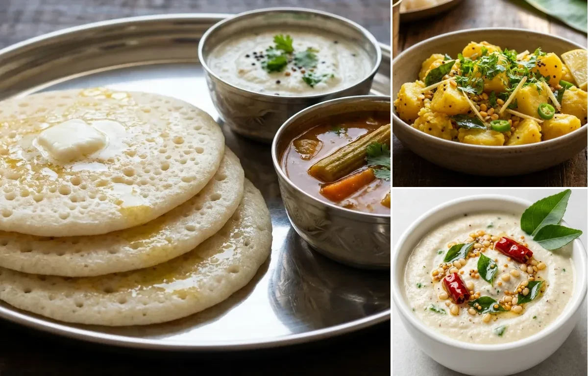 Set Dosa with Potato Sagu and Coconut Chutney