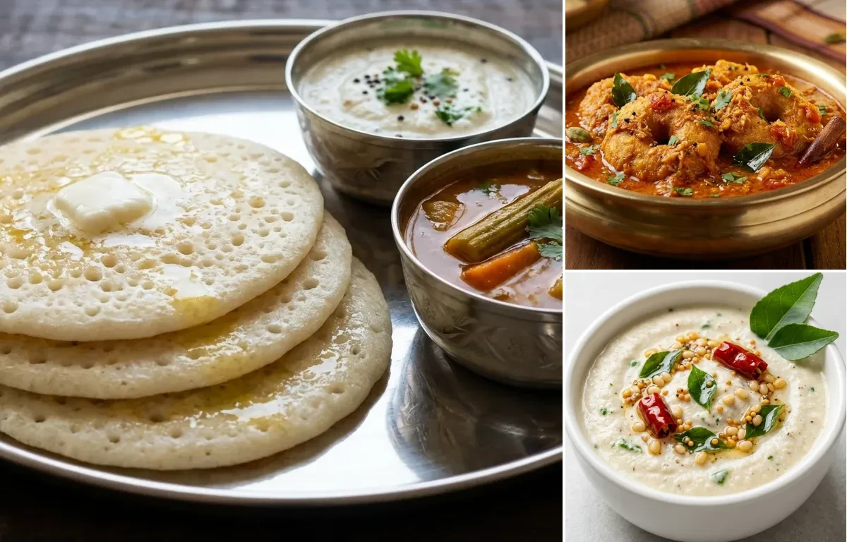 Set Dosa with Vada Curry and Coconut Chutney