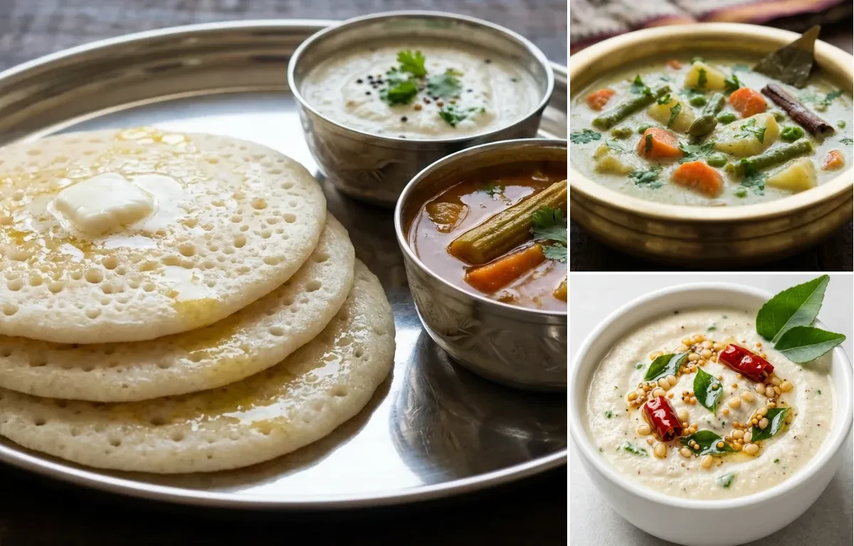 Set Dosa with Vegetable Kurma and Coconut Chutney