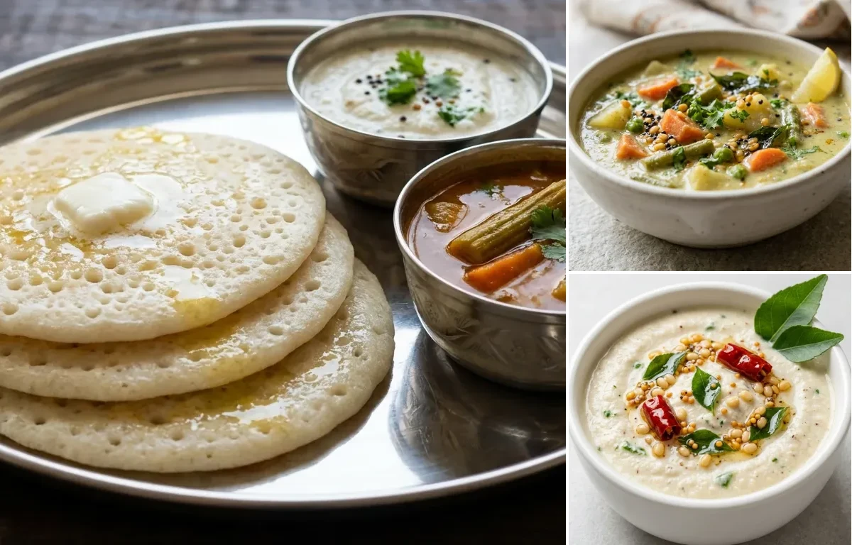 Set Dosa with Vegetable Sagu and Coconut Chutney