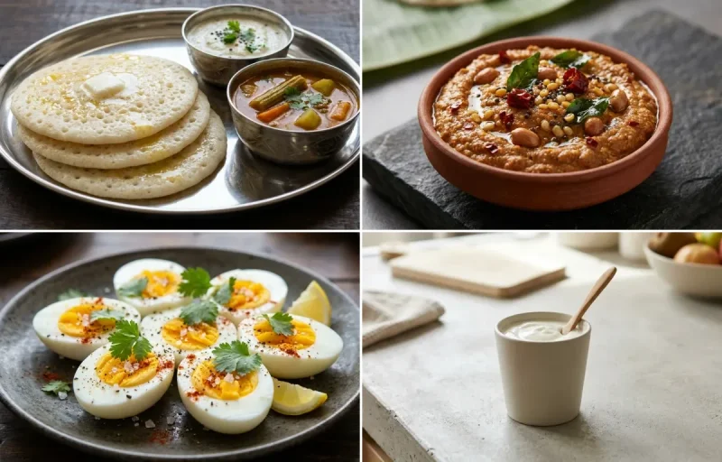 Set Dosa with Vegan Sambar, Peanut Chutney, Boiled Egg and Plain Yogurt Cup